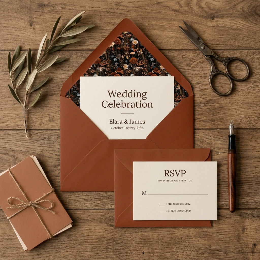 Boho terracotta wedding invitation with dark floral envelope liner by Wrapped Studios.