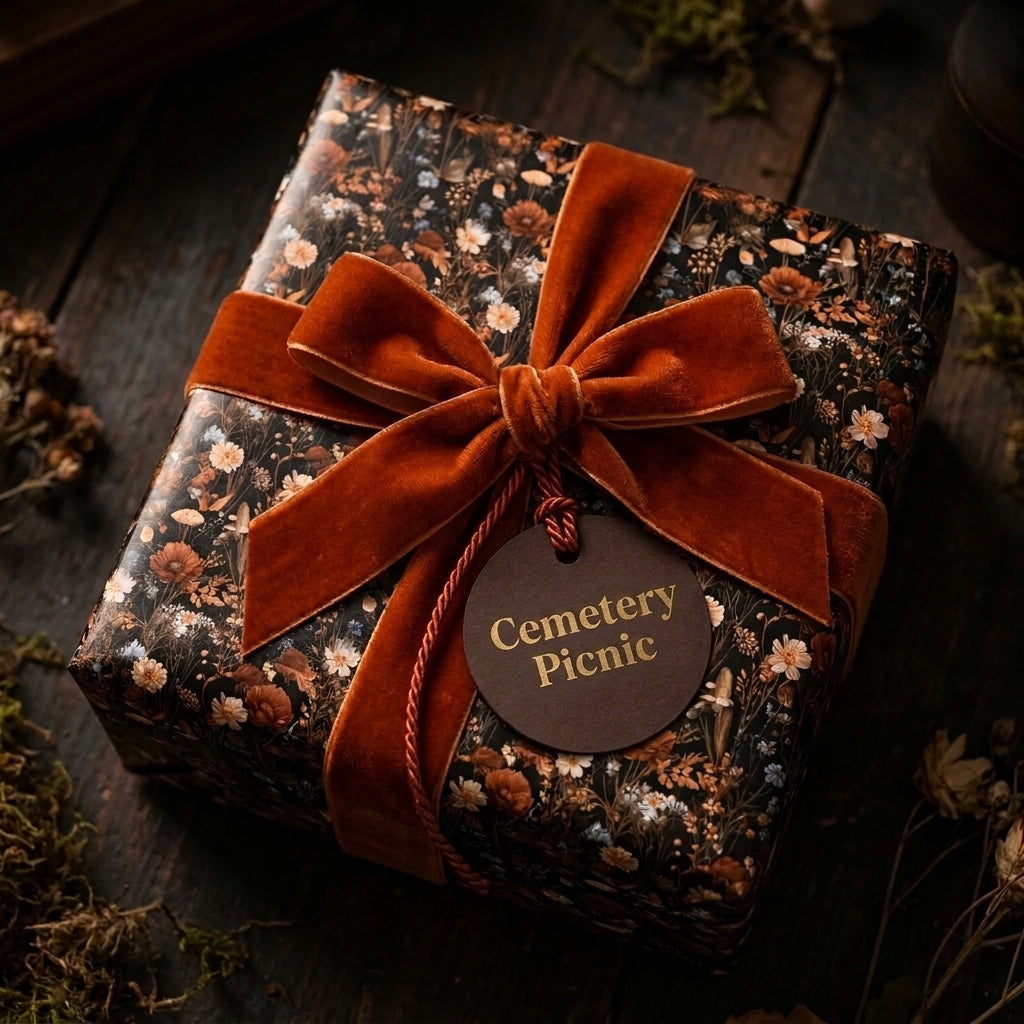 Dark gothic floral wrapping paper with a rust velvet bow on a gift box by Wrapped Studios.