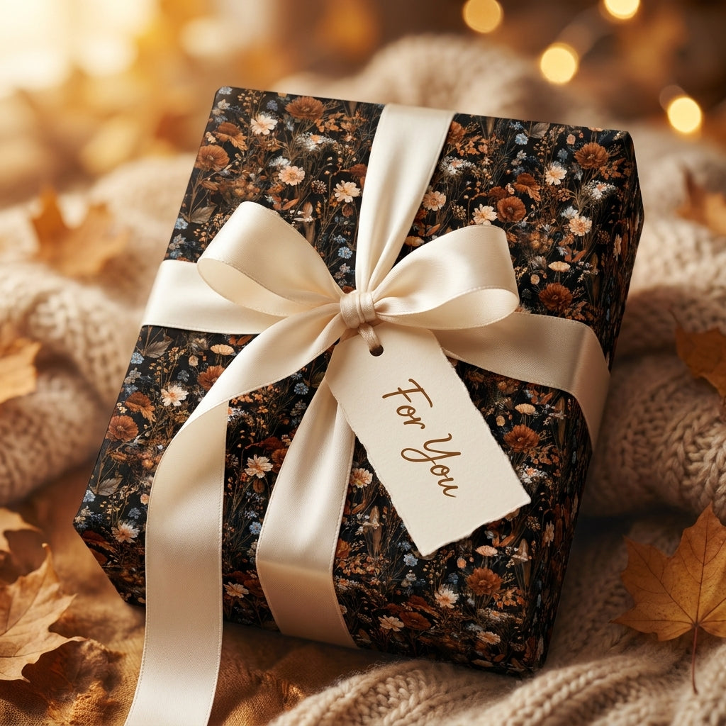Luxury autumn floral wrapping paper with cream satin bow and "For You" tag, by Wrapped Studios.