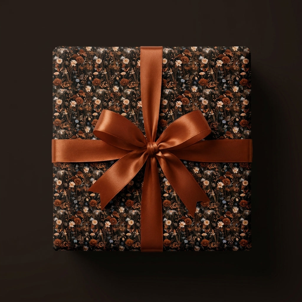 Luxury dark floral wrapping paper with copper satin ribbon on a gift box, by Wrapped Studios.