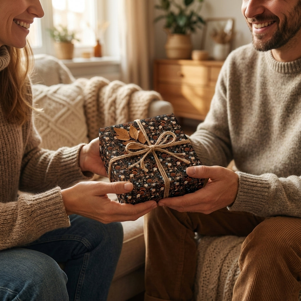 Couple exchanging a gift in dark floral wrapping paper with a rustic twine bow, by Wrapped Studios.