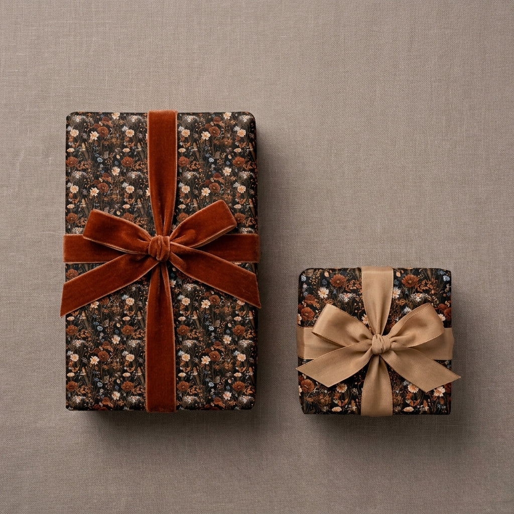 Luxury floral wrapping paper in a moody vintage design with velvet ribbon by Wrapped Studios.