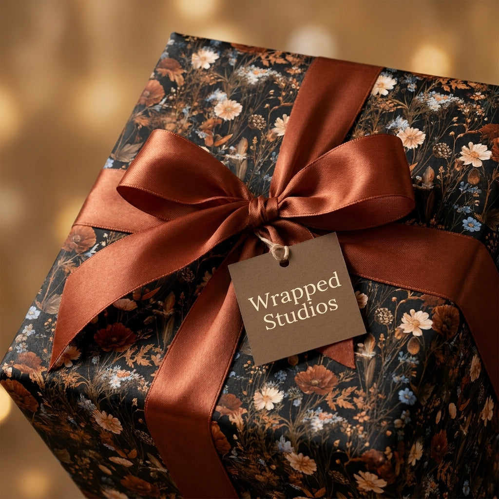 Luxury vintage floral wrapping paper on a gift box with a rust satin bow by Wrapped Studios.