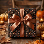 Autumn floral wrapping paper with a copper bow on a rustic Thanksgiving table by Wrapped Studios.