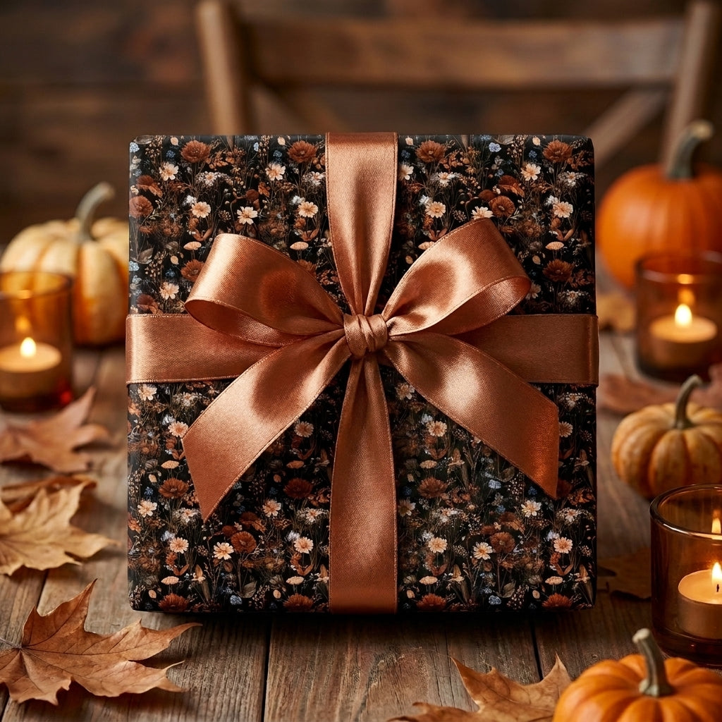 Autumn floral wrapping paper with a copper bow on a rustic Thanksgiving table by Wrapped Studios.