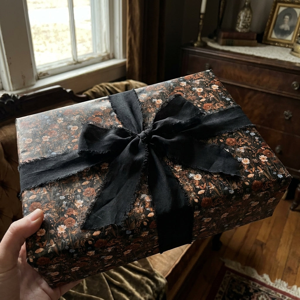 Moody vintage floral wrapping paper with a black ribbon bow by Wrapped Studios.