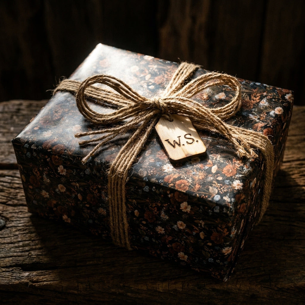Moody dark floral wrapping paper by Wrapped Studios on a gift box with a rustic twine bow.