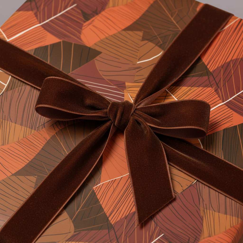 Autumn-themed gift box wrapped in rustic leaf print paper with a luxurious brown velvet ribbon.
