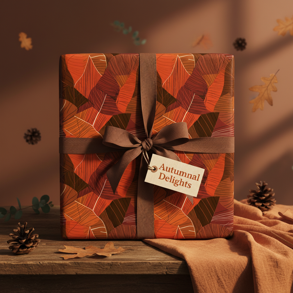 Autumn-themed gift wrapped in modern leaf-print paper, brown ribbon, and "Autumnal Delights" tag.
