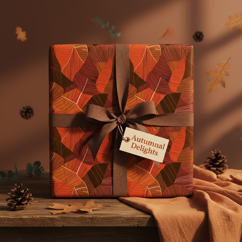 Autumn-themed gift wrapped in modern leaf-print paper, brown ribbon, and "Autumnal Delights" tag.