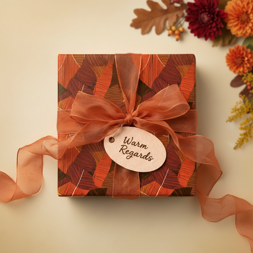 Elegant autumn-themed gift box with abstract leaf wrapping paper, sheer ribbon, and "Warm Regards" tag.