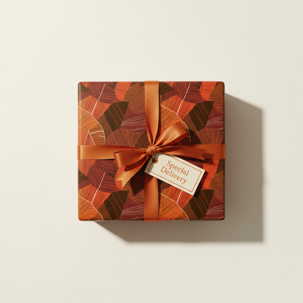 Square gift wrapped in modern geometric autumn leaf print paper with orange ribbon and "Special Delivery" tag.