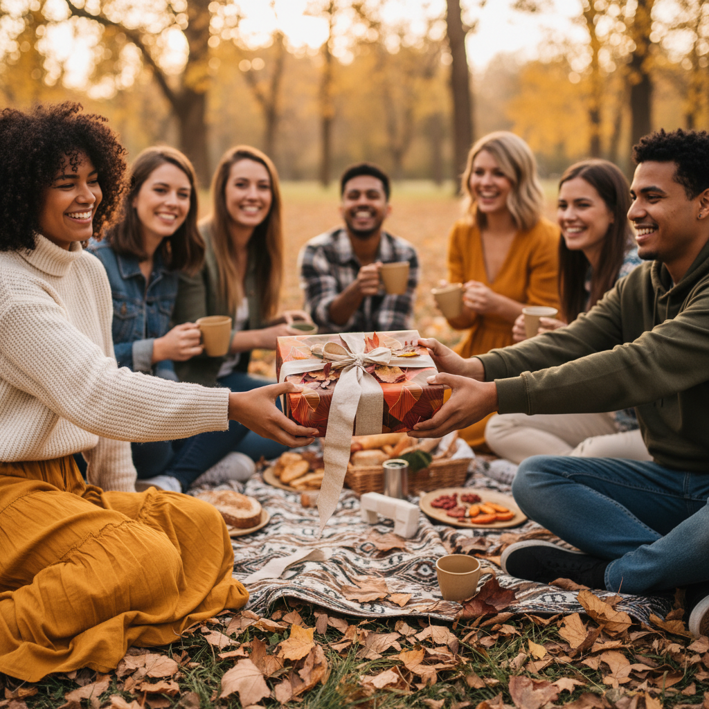 Friends exchanging a fall-themed gift wrapped in autumn-colored paper with a rustic ribbon at a picnic.