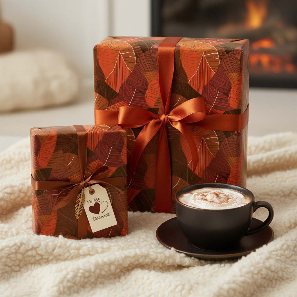 Elegant autumn leaf wrapping paper on gifts tied with copper ribbon, sitting near a cozy fireplace.