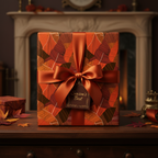 Elegant gift wrapped in fall-themed wrapping paper with leaves pattern and rust-colored satin ribbon.