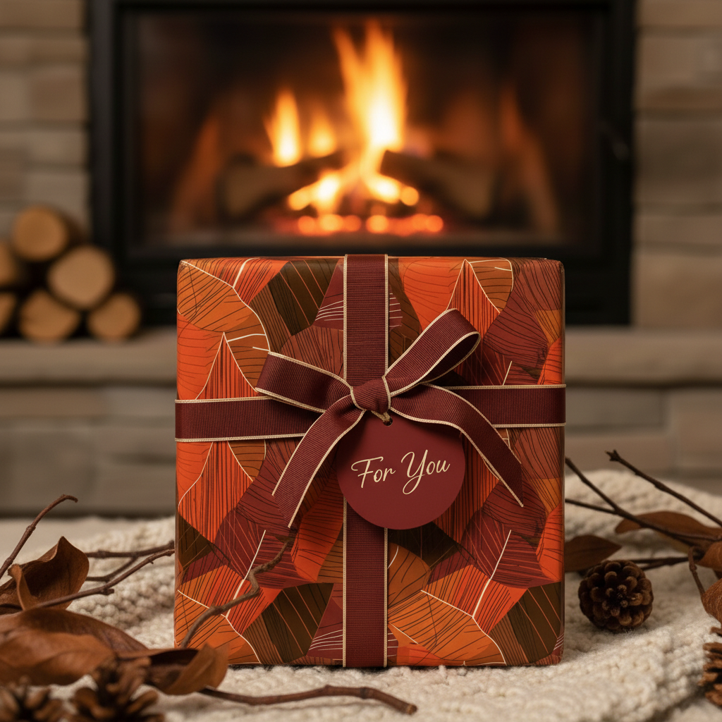 Cozy gift by fireplace wrapped in modern fall leaf wrapping paper with maroon ribbon and "For You" tag.