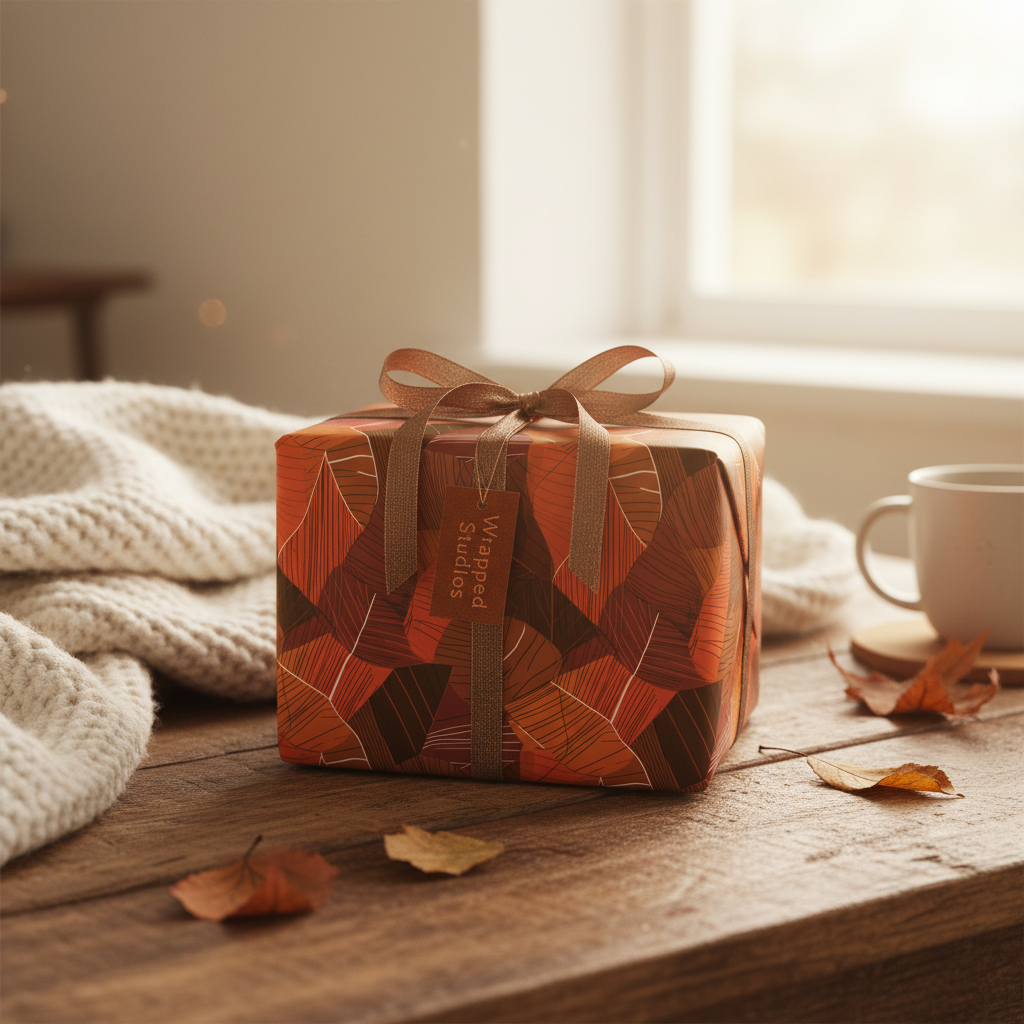Autumn-themed gift wrapped in abstract leaf wrapping paper with a bronze ribbon on a wooden table.