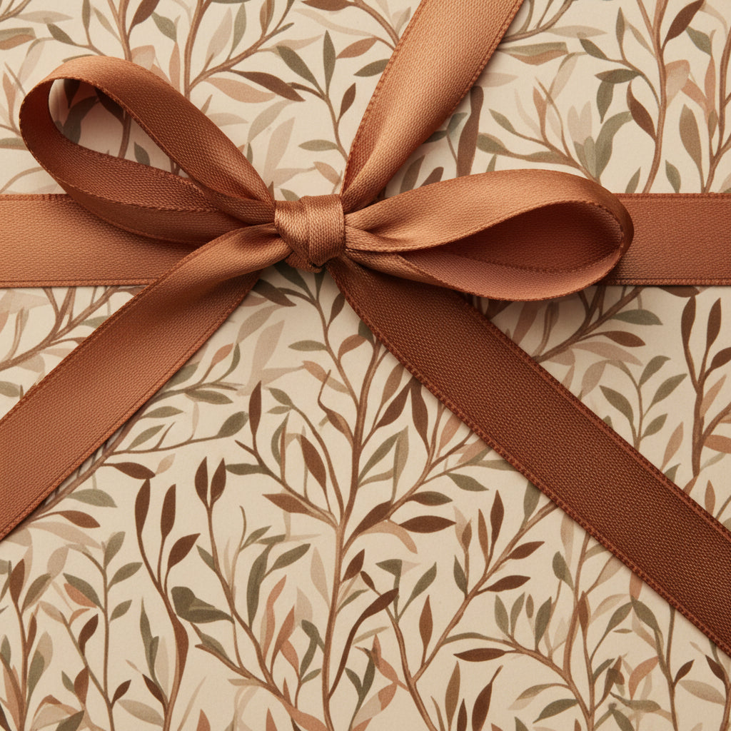 Elegant gift box with floral wrapping paper and copper ribbon bow.