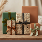 Elegant gifts wrapped in floral wrapping paper with velvet and satin ribbon, perfect for birthdays or other special occasions.