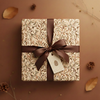 Square gift wrapped in elegant botanical paper with a brown satin ribbon, perfect for nature-inspired gift wrapping.