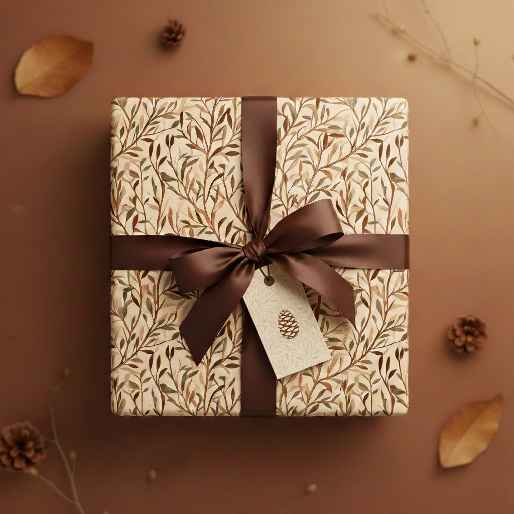 Square gift wrapped in elegant botanical paper with a brown satin ribbon, perfect for nature-inspired gift wrapping.