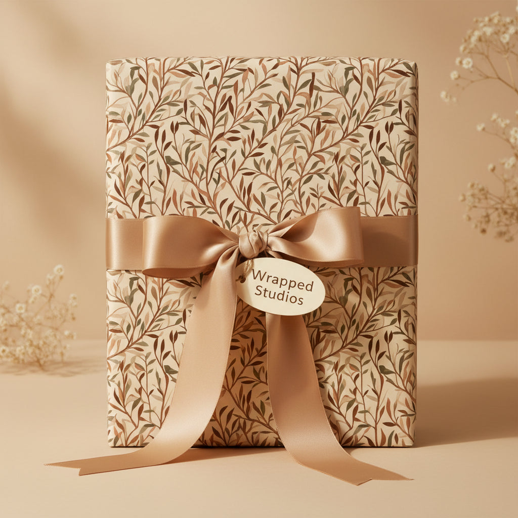 Elegant gift box wrapped in botanical print wrapping paper with gold satin ribbon.