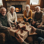 Gift exchange featuring luxury gift wrap with a brown floral pattern and ribbon bow, perfect for Christmas or birthdays.