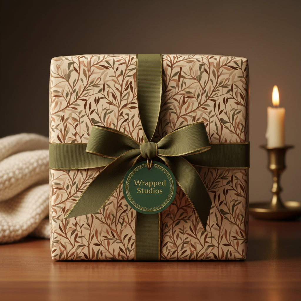 Elegant square gift wrapped in tan botanical wrapping paper with an olive green ribbon and bow.