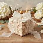 Elegant gift wrapped in botanical pattern paper with sheer ribbon and "Forever Yours" tag.