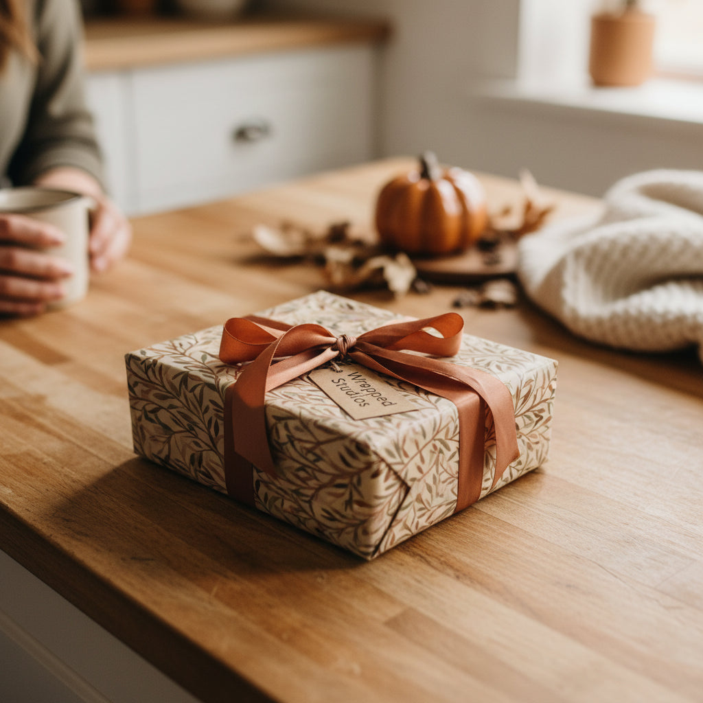 Rustic gift wrapped in botanical print paper with a copper ribbon on a wooden table for fall.