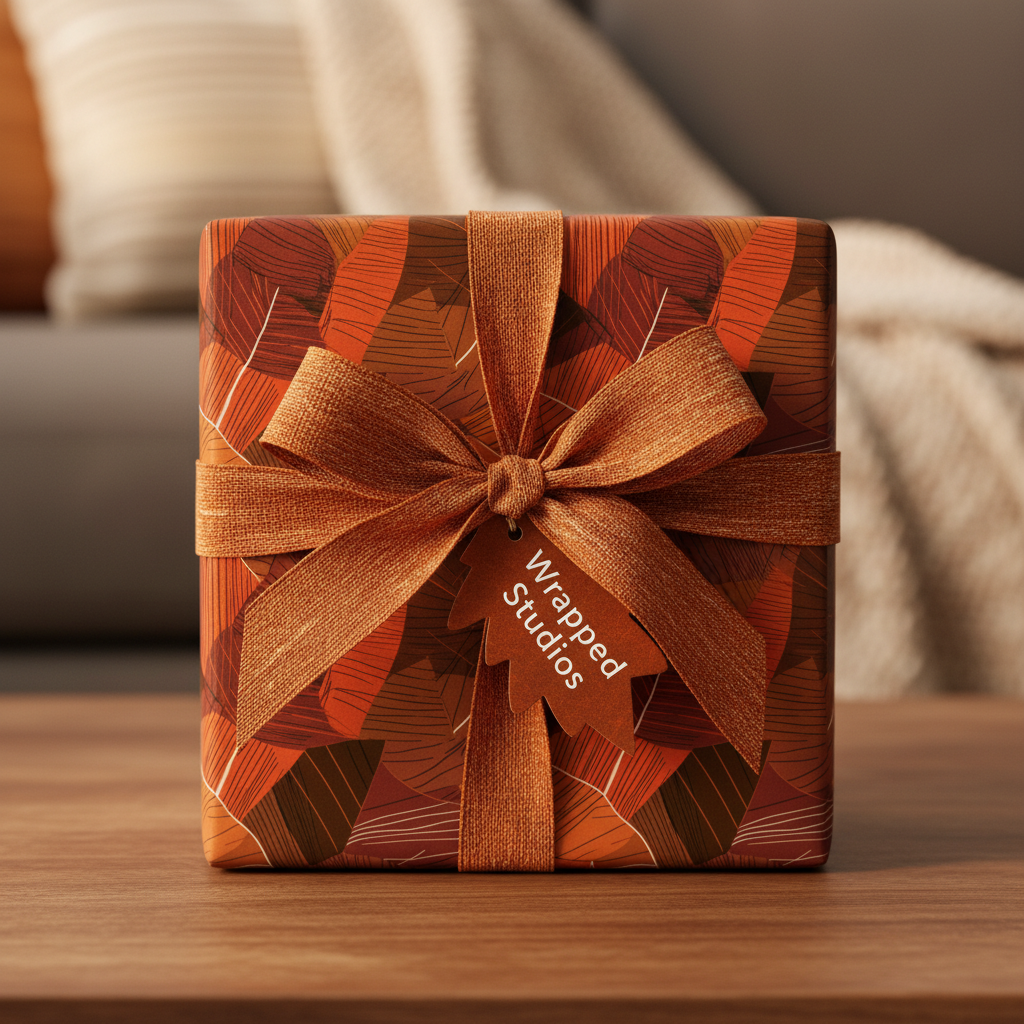 Autumn-toned gift wrap with leaf pattern, tied with rustic ribbon and a leaf-shaped tag; Thanksgiving or fall birthday gift.