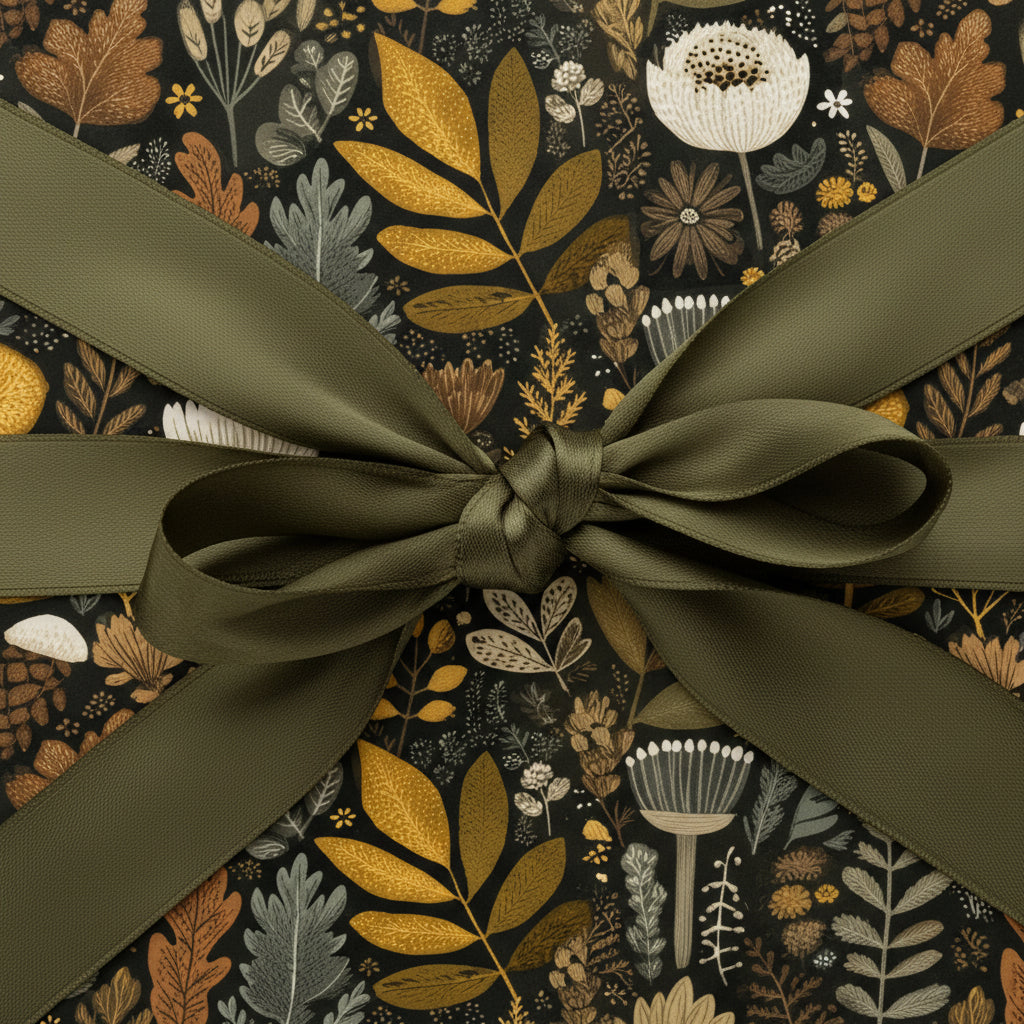 Square gift wrapped in black floral wrapping paper with gold and grey leaves, tied with an olive green satin ribbon.