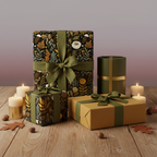 Elegant gifts wrapped in floral wrapping paper with olive green ribbon on a wooden table with candles.