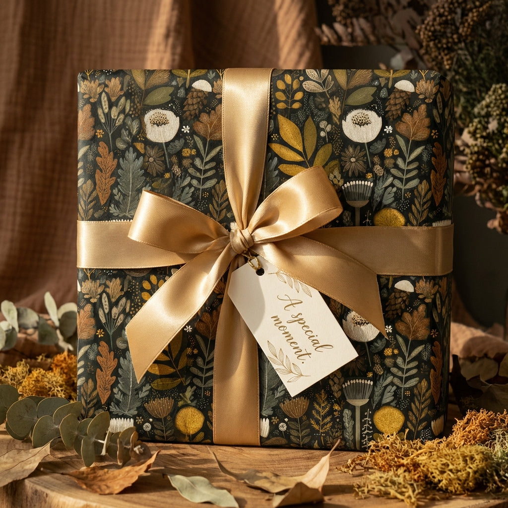 Elegant floral wrapping paper with a gold satin ribbon and "A special moment" tag.