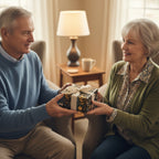 Woman receiving gift wrapped in modern floral gift wrap with cream ribbon.