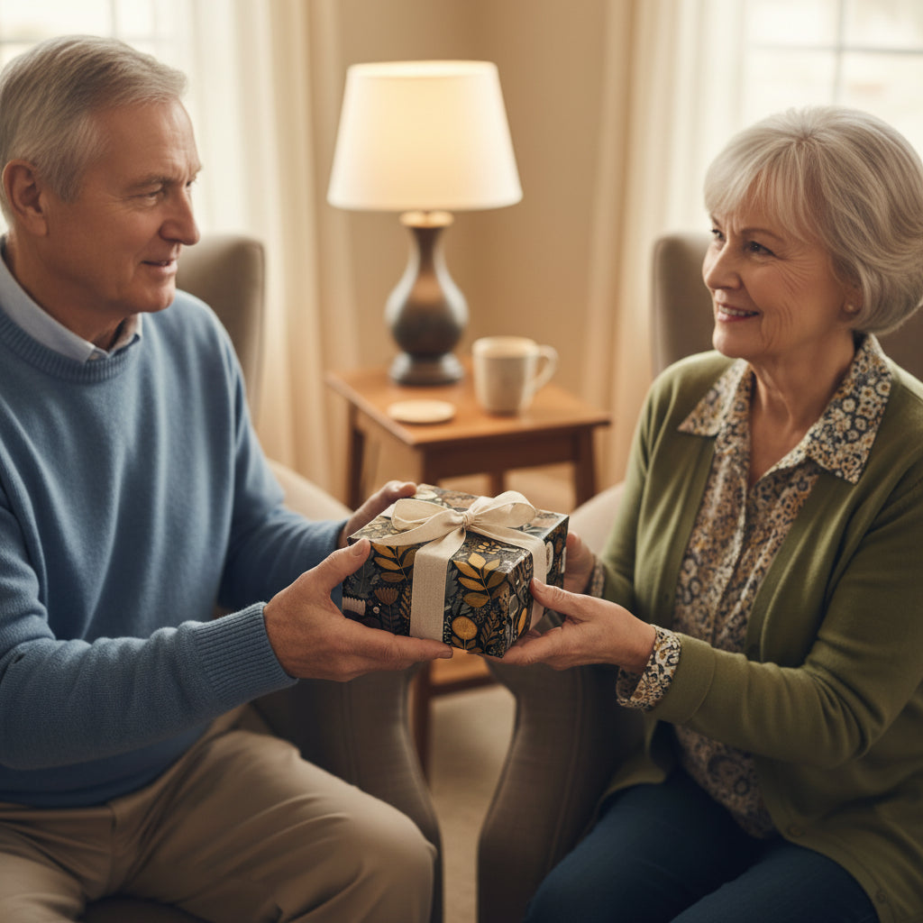 Woman receiving gift wrapped in modern floral gift wrap with cream ribbon.