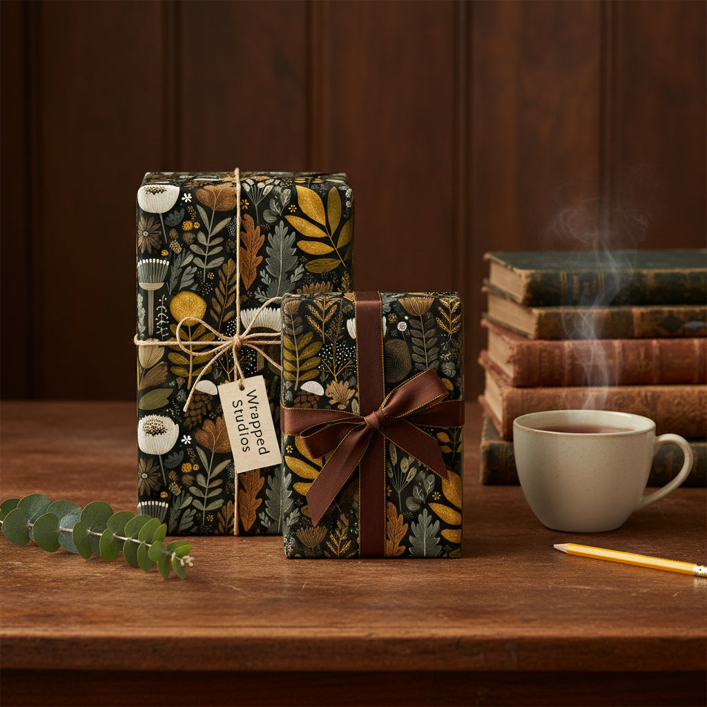 Two gifts wrapped in elegant floral wrapping paper with ribbon & twine on a wood table.