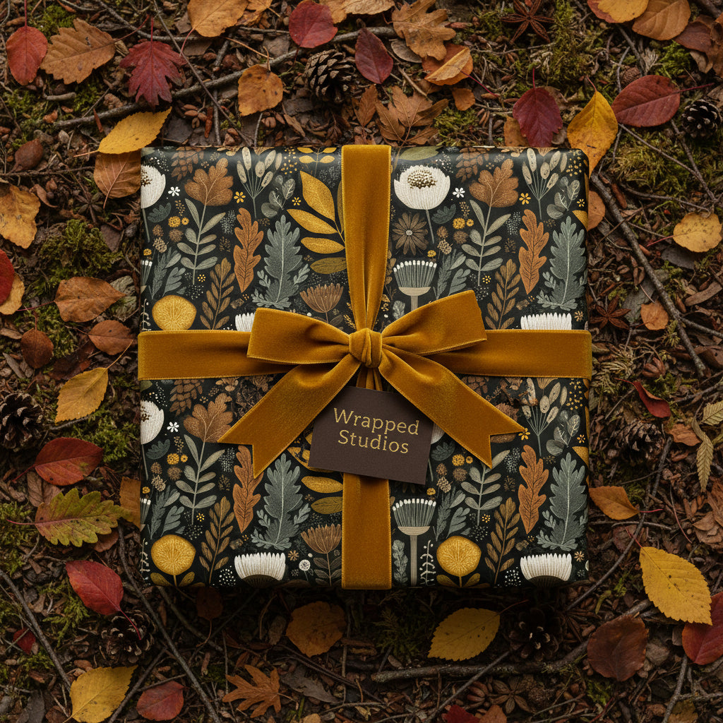 Rustic floral wrapping paper with gold velvet ribbon, perfect for fall birthdays or unique holiday gift wrap.