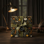 Elegant floral wrapping paper in muted gold and olive tied with a satin ribbon on a dark wood desk.