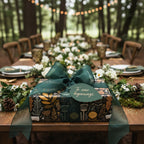 Elegant gift with dark floral wrapping paper, sheer green ribbon, and "new beginnings" tag on a woodland table setting.