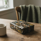 Gift wrapped in elegant floral wrapping paper with twine bow on a rustic wooden table.