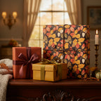 Elegant gifts wrapped in autumn leaf wrapping paper with brown and gold ribbons, fall decor.