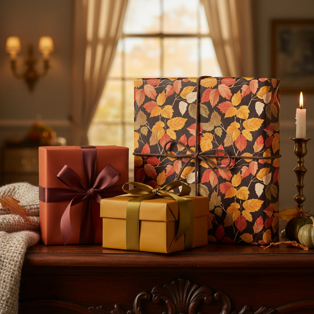 Elegant gifts wrapped in autumn leaf wrapping paper with brown and gold ribbons, fall decor.