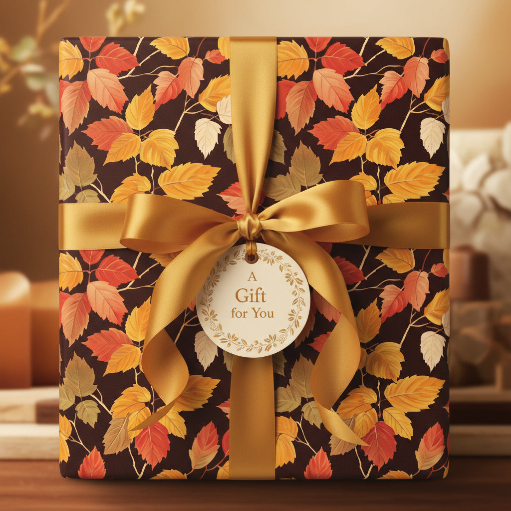 Elegant gift wrapped in brown floral wrapping paper with autumn leaves, tied with a gold satin ribbon.