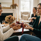 Woman exchanging a gift wrapped in floral fall wrapping paper with a burgundy ribbon.
