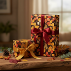 Autumn leaves wrapping paper on gifts with burgundy and gold ribbon on a wooden table.