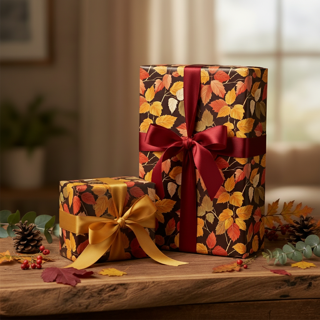 Autumn leaves wrapping paper on gifts with burgundy and gold ribbon on a wooden table.