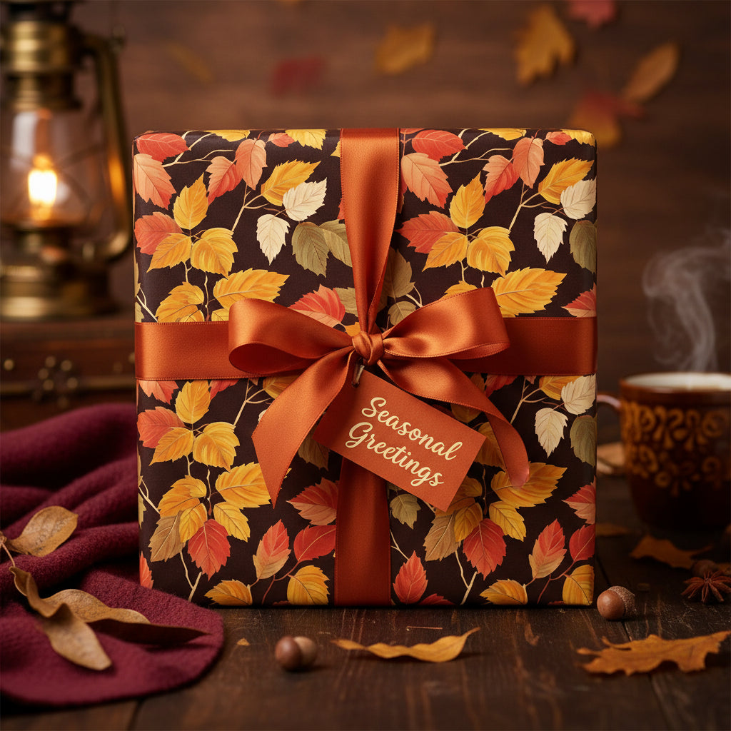 Fall gift with leaves wrapping paper and burnt orange ribbon for seasonal greetings.