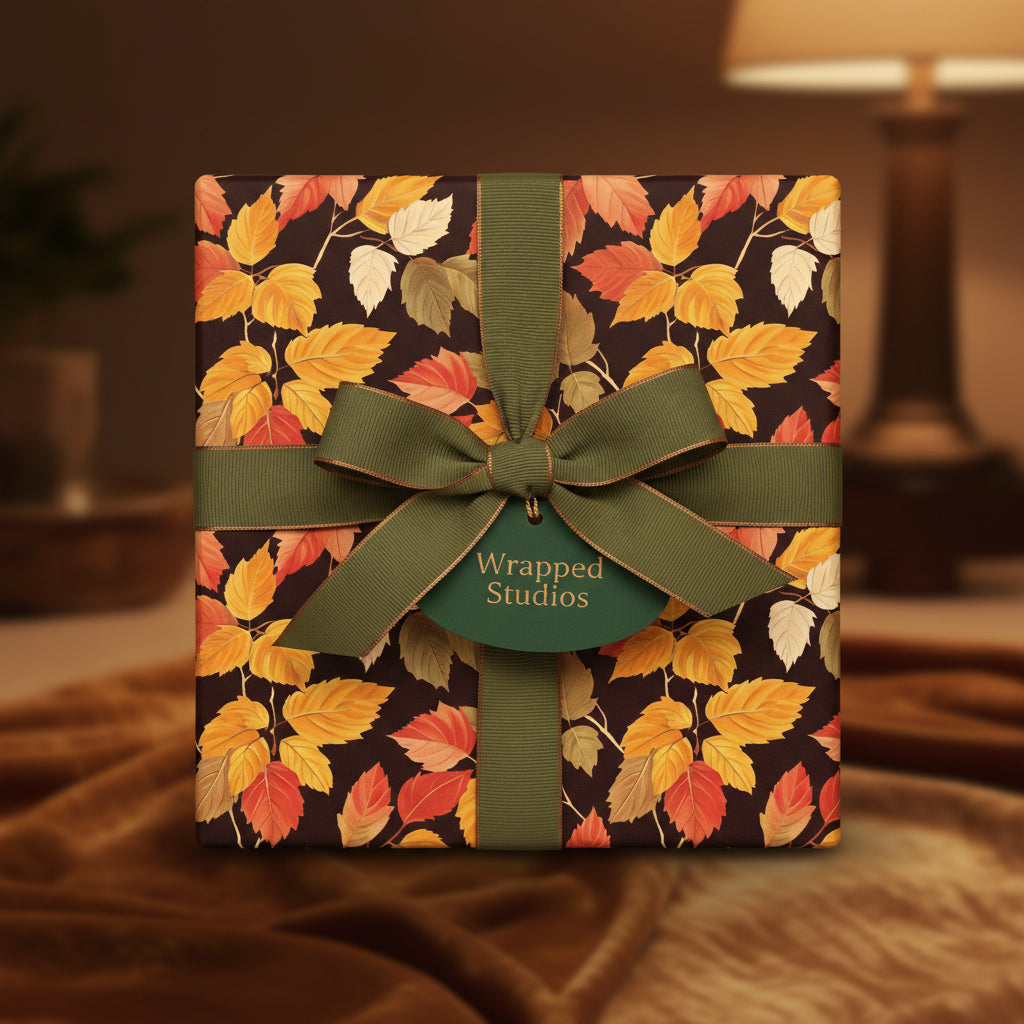 Elegant gift wrapped in autumnal leaf print wrapping paper with a dark green ribbon and bow.