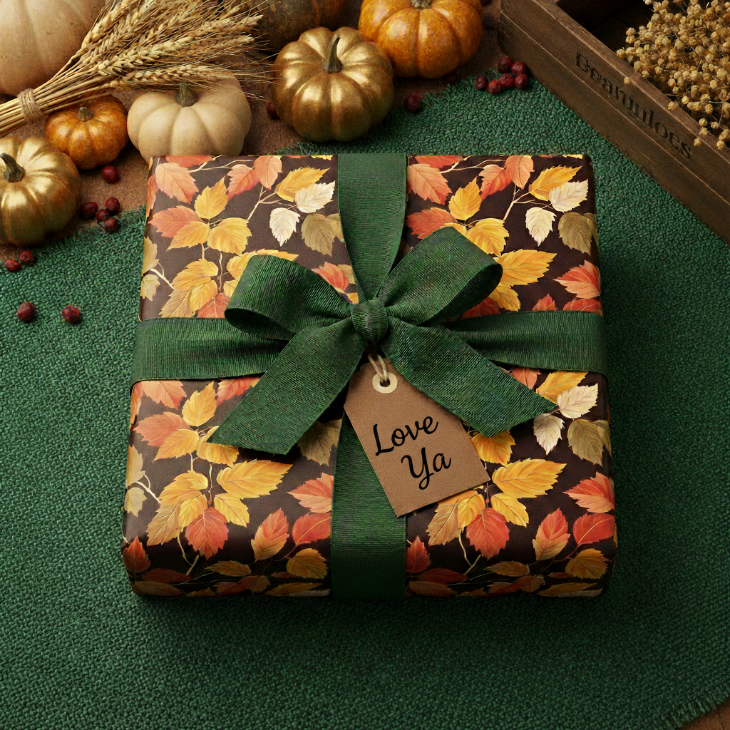 Autumn themed gift with "Love Ya" tag, featuring a floral wrapping paper in fall colors with green ribbon.